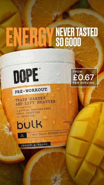 This image ad promotes Dope pre-workout powder, in orange and mango flavor. It highlights the drink's ability to hel