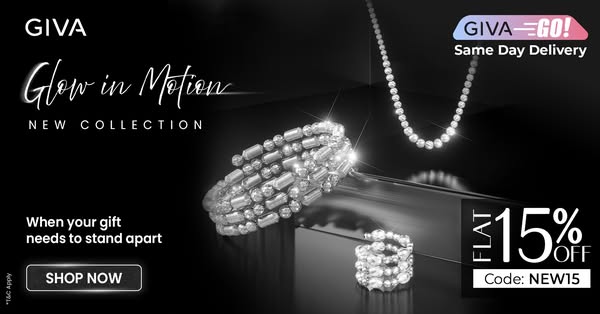 This ad showcases GIVA jewelry, highlighting a bracelet, ring, and necklace from their new collection. It also notes tha