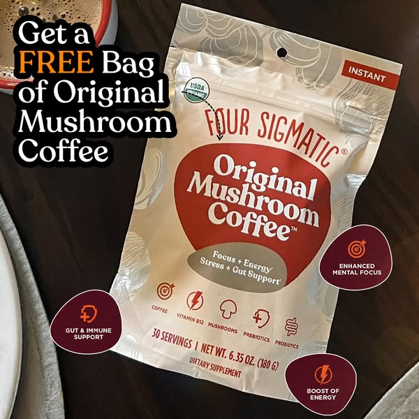 This ad promotes Four Sigmatic's Original Mushroom Coffee by offering a free bag. The image features the product pac