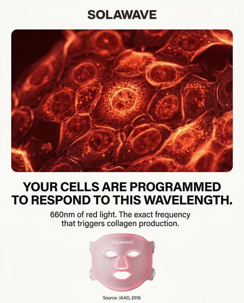 This ad uses a scientific approach to promote Solawave's light therapy mask. It uses an image of cells to illustrate