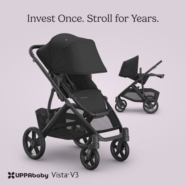 This ad for the UPPAbaby Vista V3 stroller presents the product as a long-term investment. The image focuses on the stro
