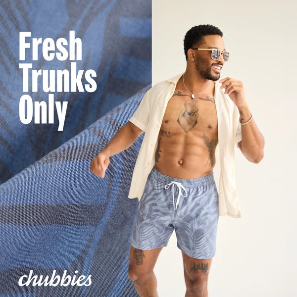 A menswear ad featuring blue patterned swim trunks and the copy "Fresh Trunks Only".