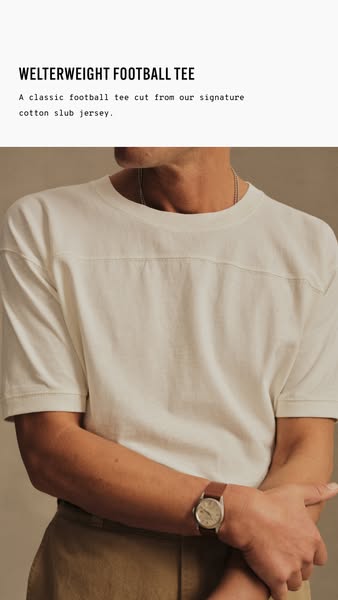 A man models a "WELTERWEIGHT FOOTBALL TEE," described as "A classic football tee cut from our signature c