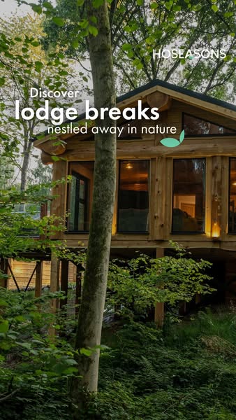 The ad showcases the Hoeseasons brand and their lodge breaks. The image is an exterior shot of a cabin nestled in the tr