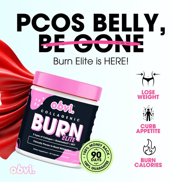 This ad promotes Obvi's collagenic Burn Elite product, highlighting its benefits for weight loss, appetite control, 