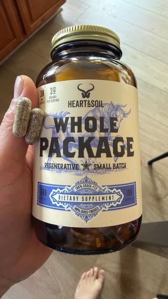 This ad features a bottle of Heart & Soil "Whole Package" dietary supplement pills, along with two individ