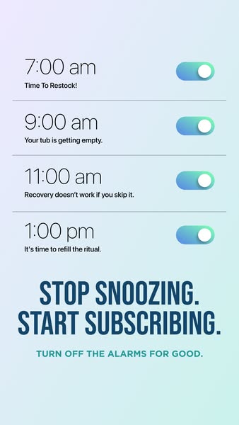 The ad shows a series of alarms going off that remind the user to restock, fill the tub, and refill the ritual. It asks 
