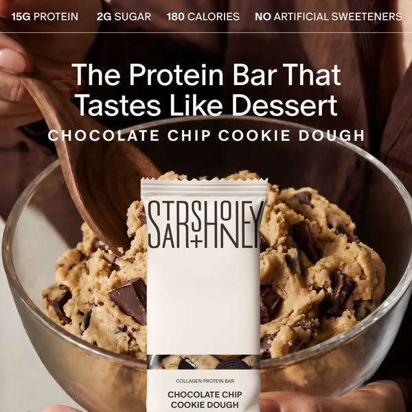 This ad features a protein bar in front of a bowl of cookie dough, emphasizing that it tastes like dessert.