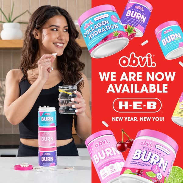 Image ad for Obvi products featuring a woman holding a glass of water and about to take Obvi capsules, with product pack