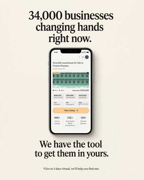 This ad promotes an app designed to help users buy businesses. It emphasizes the high volume of businesses currently cha