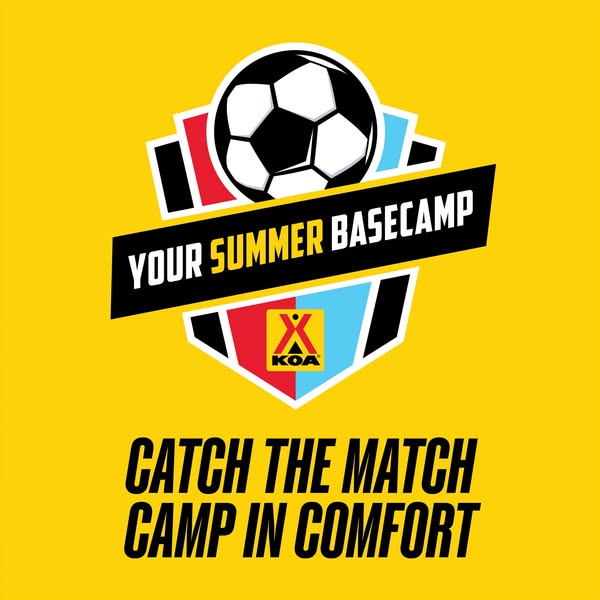 This image ad is promoting KOA campgrounds as the perfect place to relax and watch soccer games during the summer. The i