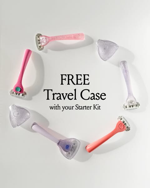 An image showcasing the brand's razors in a circle around an offer for a free travel case with a starter kit purchas