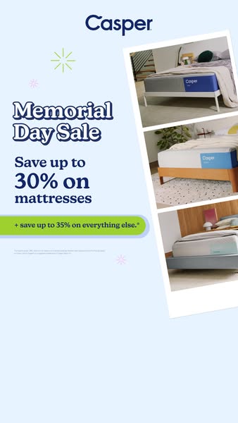 This image ad for Casper promotes a Memorial Day Sale, offering up to 30% off mattresses and up to 35% off everything el
