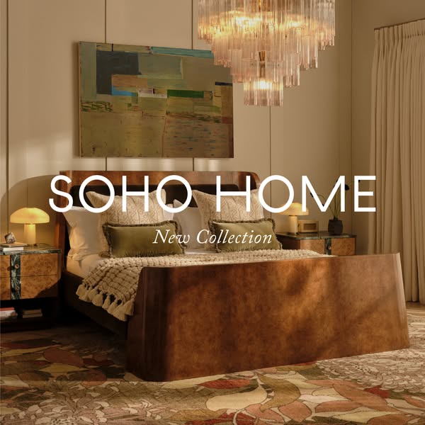 This ad features a luxury bedroom suite to promote the Soho Home New Collection.