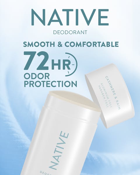 This ad for Native deodorant highlights the product's smooth and comfortable feel, 72-hour odor protection, and natu