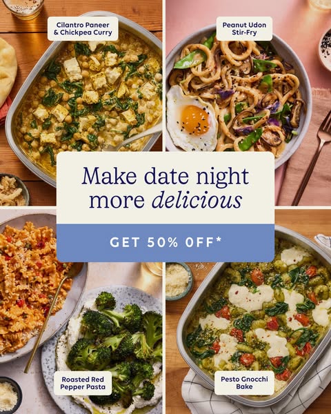 This ad for a meal delivery service features a carousel of different meal options and promotes a 50% off offer to encour
