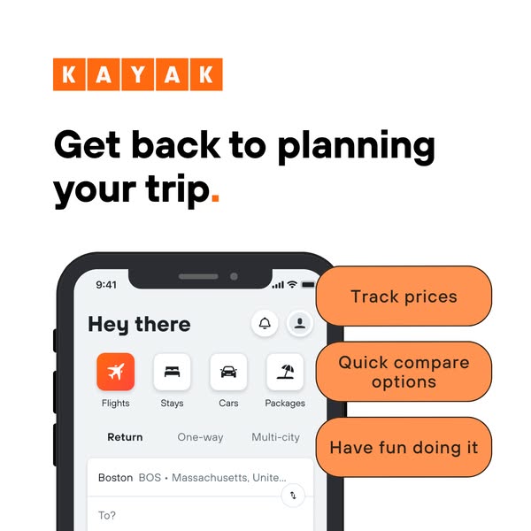 This ad for KAYAK features a smartphone displaying the KAYAK app interface. The ad highlights the app's ability to t