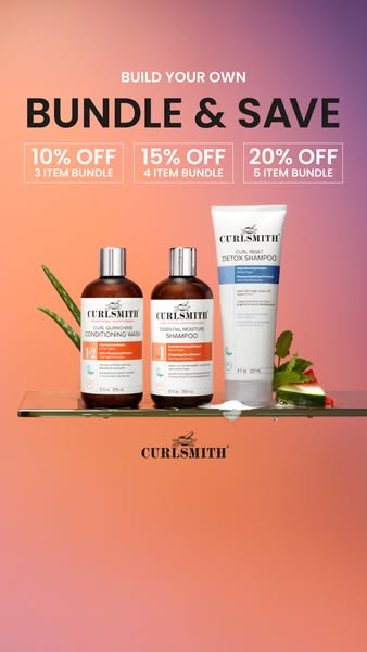 The ad features three Curlsmith hair care products – Curl Quenching Conditioning Wash, Essential Moisture Shampoo, and C