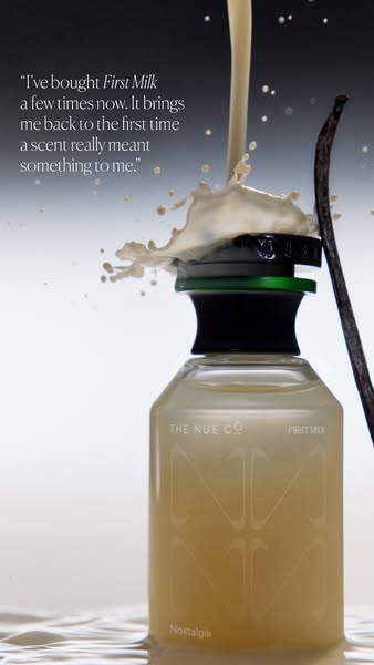 This ad features a quote from a customer about The Nue Co's First Milk fragrance. The ad features a bottle of the fr