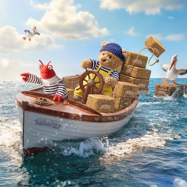 The image ad features a teddy bear and lobster character in a boat surrounded by water and blue skies, promoting a whims