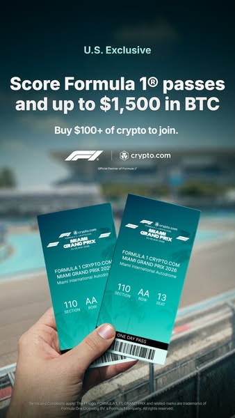 The ad promotes crypto.com and the chance to win Formula 1 passes and up to $1,500 in BTC by buying $100+ of crypto.