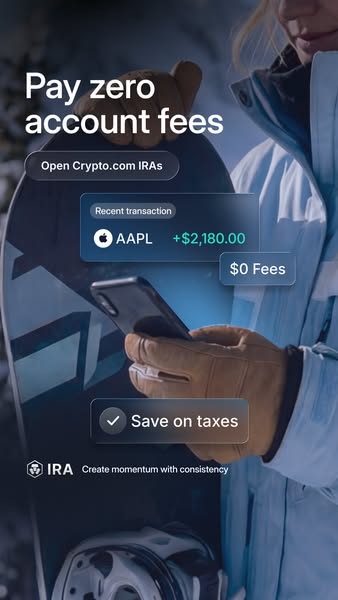 An ad for Crypto.com IRAs that highlights benefits such as zero account fees and potential tax savings. The ad features 