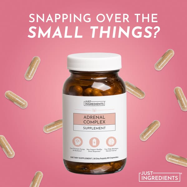 This image ad features a bottle of Just Ingredients Adrenal Complex Supplement, which aims to address the issue of overr