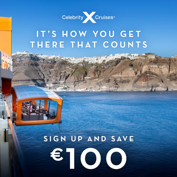 This image ad for Celebrity Cruises features a modern and luxurious cruise experience with a view of a mountainous, coas