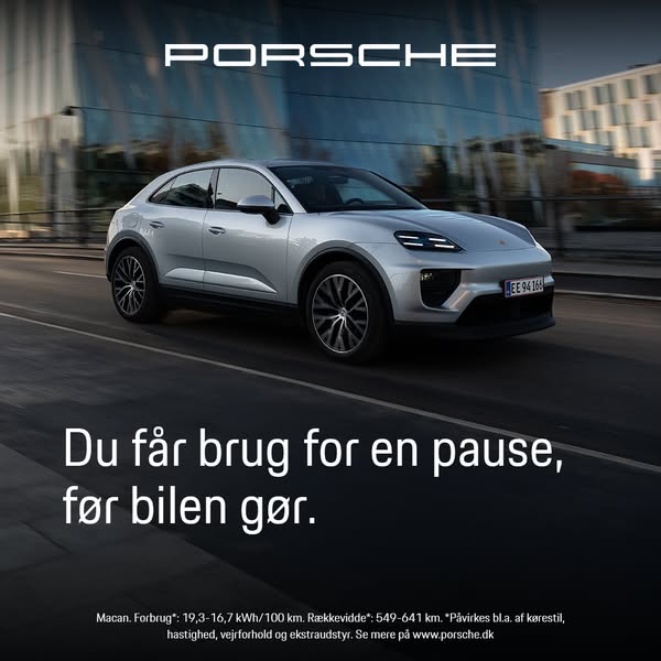 This image ad promotes the electric Porsche Macan, highlighting its long driving range and suggesting it can go longer t