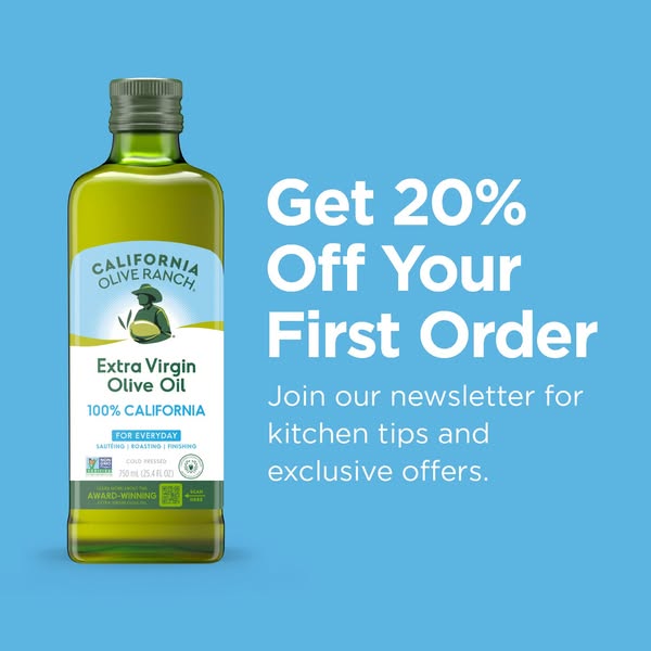 This image ad for California Olive Ranch promotes their Extra Virgin Olive Oil with a 20% off offer for first-time custo