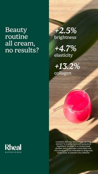 This image ad for Rheal Superfoods promotes a beauty routine alternative to creams, highlighting the benefits of their p