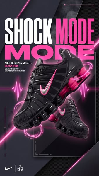 This ad features a pair of Nike Women's Shox TL sneakers, presented in a dynamic, visually striking manner with a fo