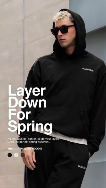 An image ad promoting the Talenless lightweight hoodie in black for spring layering.