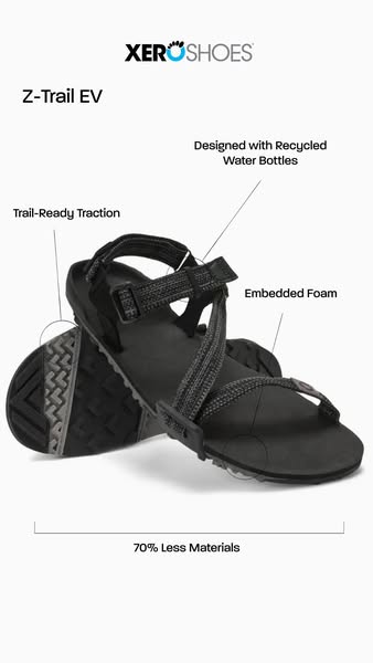 This image ad showcases the features of the Z-Trail EV sandal from Xero Shoes. It emphasizes the product's design, m