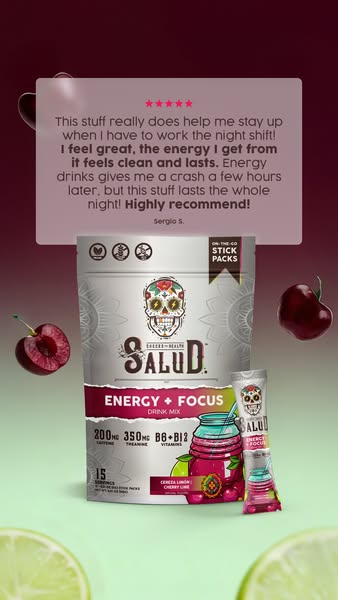 This image promotes Salud's energy and focus drink mix by sharing a customer testimonial about how the product helps