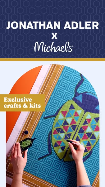 This image ad promotes Jonathan Adler and Michael's craft kits, demonstrating the diamond painting process on a bug 