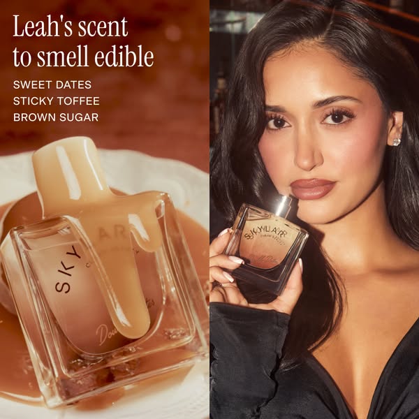This image ad features Skylar perfume, specifically the scent 'Double Date'. The ad uses a testimonial angle, im