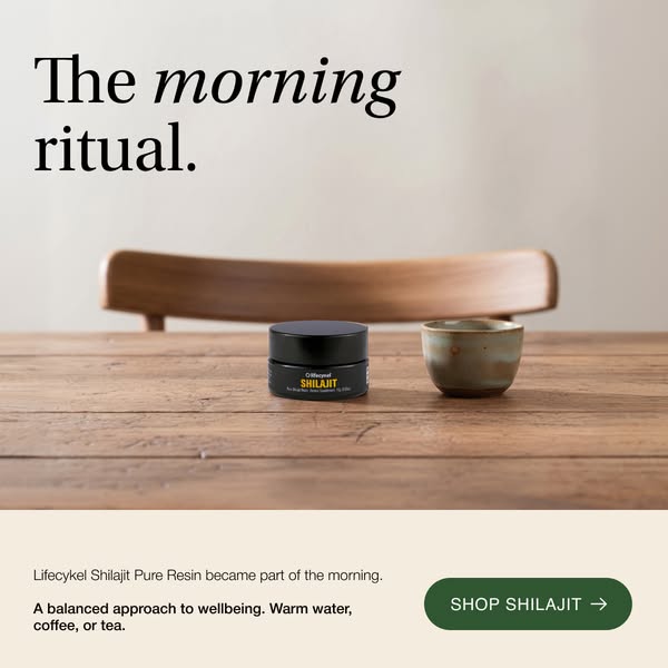 The ad promotes Lifecykel Shilajit Pure Resin as a morning ritual, highlighting its role in wellbeing alongside warm wat