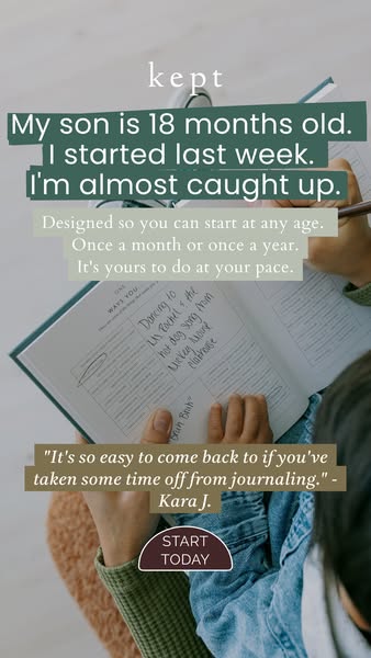 This image ad features a testimonial from a customer of Kept, a product that enables users to journal about their kids, 