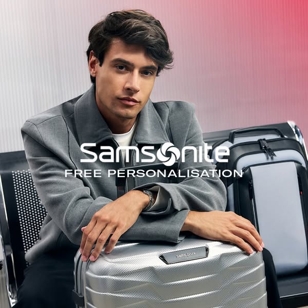 This ad features a man sitting in what appears to be an airport terminal with Samsonite luggage. The ad promotes free pe