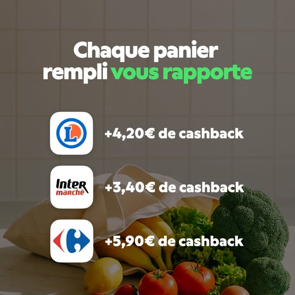The ad promotes a cashback program that rewards users for shopping at various grocery stores. It highlights the amount o