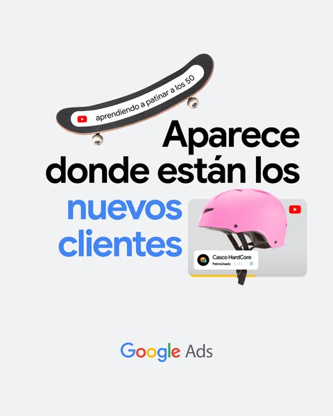 This Google Ads image ad uses a skateboard and helmet to represent the idea of finding new customers through Google Ads.