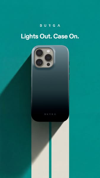 This ad features a BURGA phone case against a contrasting background, accompanied by the tagline, 'Lights Out. Case 