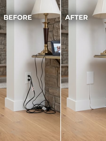 This ad uses a before/after visual comparison format to demonstrate how a cable management solution can eliminate messy 