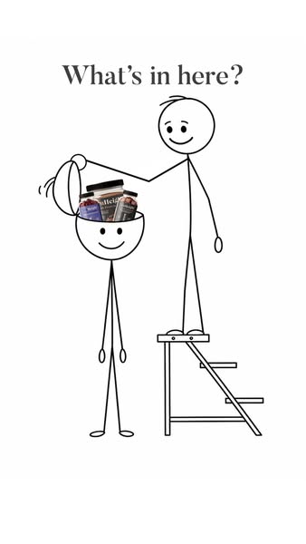 This ad features a stick figure taking items out of another stick figure's head, which is open like a container. The