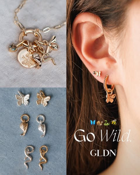 This image ad features a close-up of a woman's ear adorned with gold earrings and a gold charm necklace. It is desig