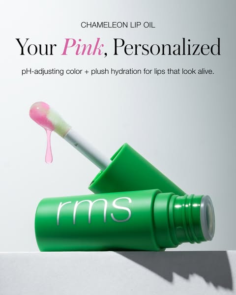 This ad showcases a chameleon lip oil product that adjusts to a user's unique pH, creating a personalized pink shade