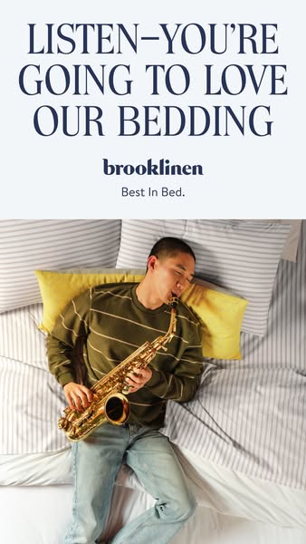 This Brooklinen ad features a man playing a saxophone in bed, suggesting their bedding is so comfortable you can enjoy a