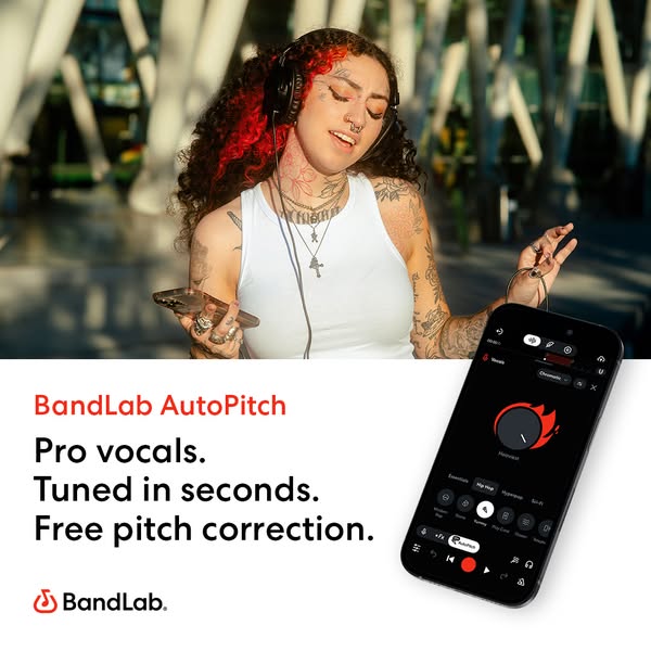 An image ad for the BandLab AutoPitch app, featuring a person listening to music outdoors and highlighting the app's