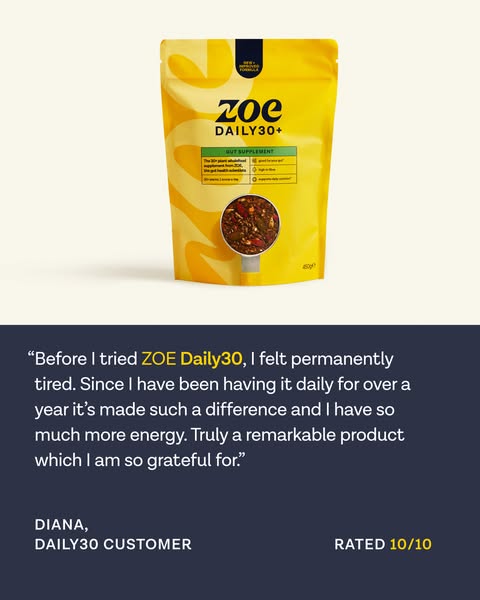 This ad showcases a customer testimonial praising ZOE Daily30 for significantly improving their energy levels. The visua